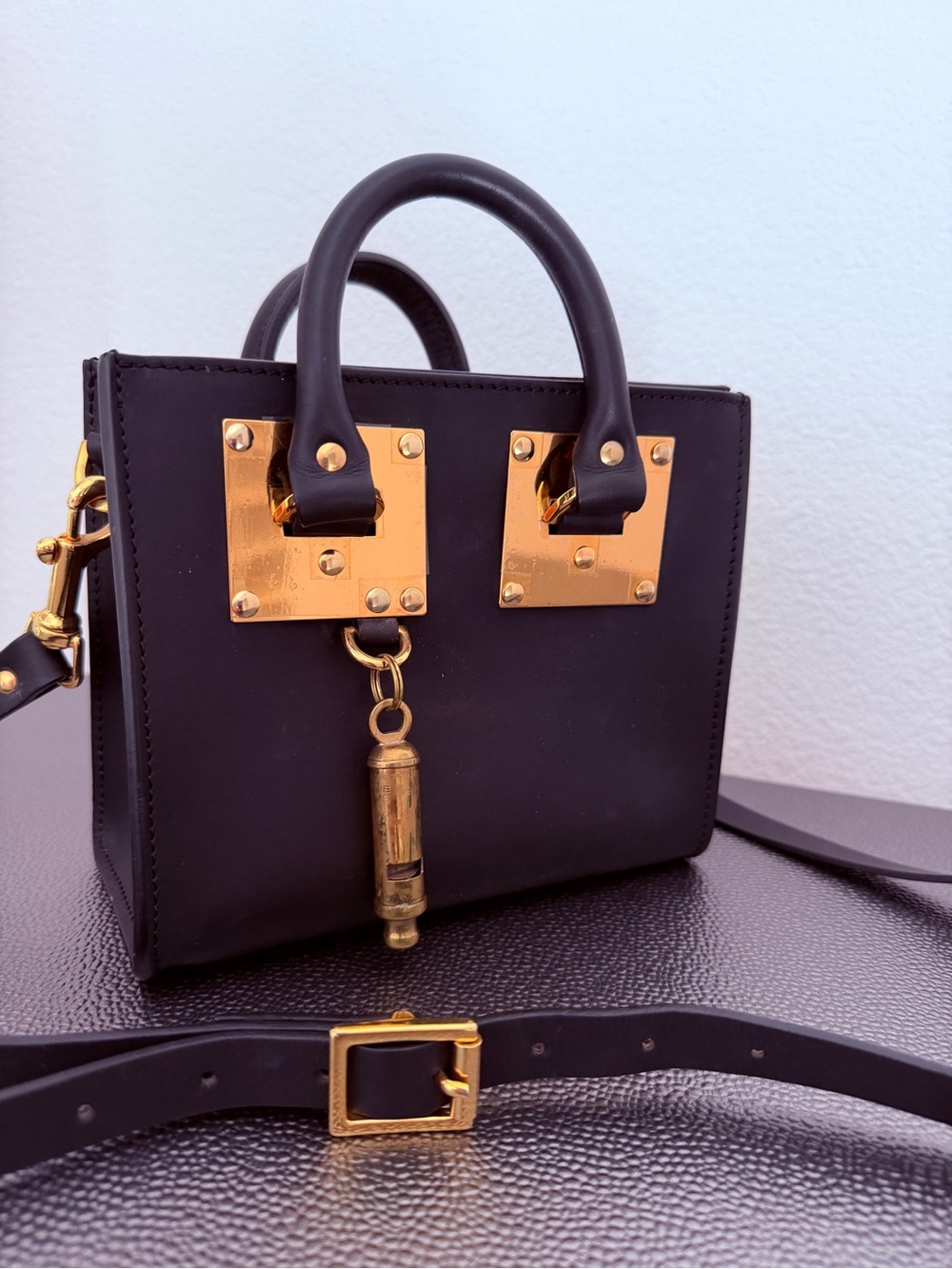 Sophie Hulme London Black Leather Albion Mini Tote- Whistle Charm Crossbody Bag